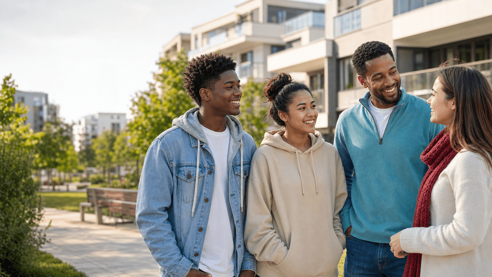 Young people talking with a supportive mentor in a bright community courtyard